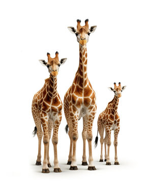 Image of family group of giraffe on white background. Wildlife Animals. Illustration, Generative AI.