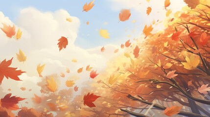 simple wallpaper artwork of blowing leaves in the wind, anime autumn time