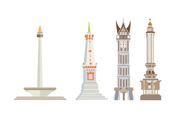 Set of famous tower landmarks. Vector illustration in flat cartoon style.