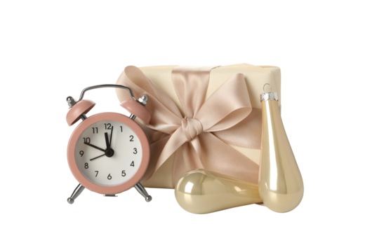 PNG,A clock  with a New Year's decoration., isolated on white background