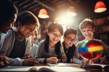 students learning in a bilingual and multilingual environment, diversity and language inclusivity. AI generative.