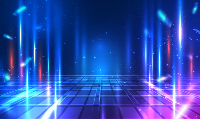 Digital technology metaverse neon blue pink background. Cyber science tech, Innovation communication future, Ai big data. Metaverse virtual reality technology. Futuristic night street. Vector EPS10.