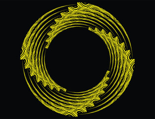  yellow halftone dots in vortex form. Geometric art. Trendy design element.Circular and radial lines volute, helix.Segmented circle with rotation.Radiating arc lines