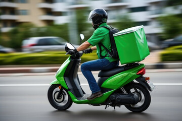Man courier using a on a green moped with a cube-shaped delivery bag moving fast on motorway road in city urban to find the delivery address