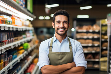 Young male grocery store assistant with crossed arms in supermarkt, smiling at camera