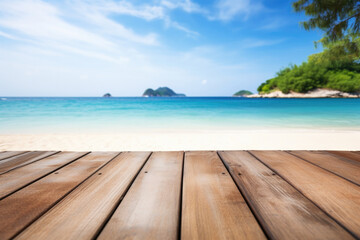 Fototapeta premium empty wooden table on the background of the beach and beautiful sea, island