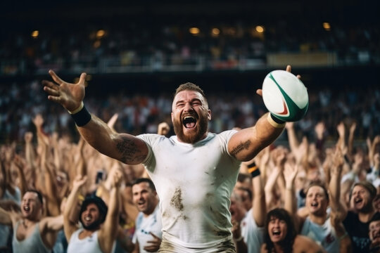 Rugby player in a white uniform, rejoices at a thrown ball in a stadium filled with spectators