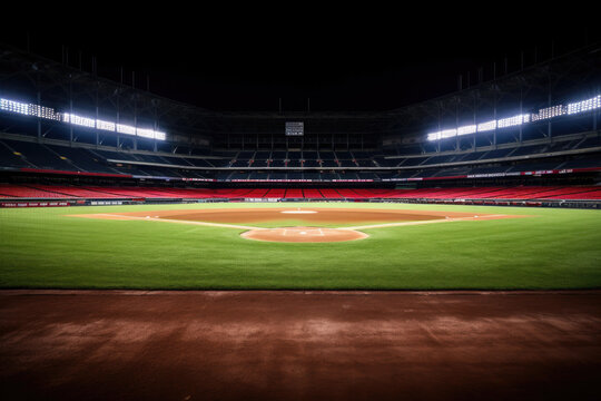 Empty baseball stadium floor against the backdrop of an empty stadium
