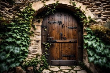 Fototapeta na wymiar old wooden door in stone wall