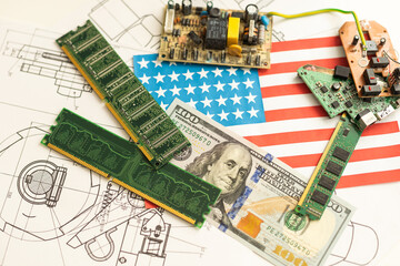 Printed circuit board with electronic chips and electronic scheme. Electronic documentation.