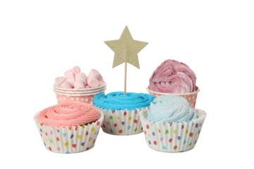 PNG, Paper cups, cupcakes and marshmallows, isolated on white background