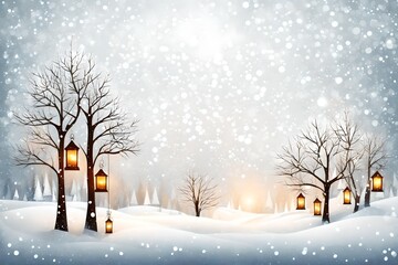 winter landscape with trees and lanterns hanging on trees