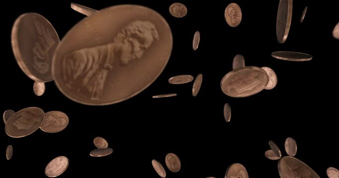 Cloud of dollar pennies coins passing
