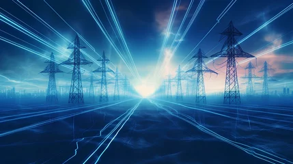 Fotobehang Power grids, power transmission lines and fiber-optic lines, communication and information transmission. © Vadim