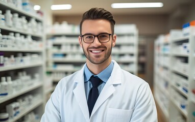 Fototapeta premium Handsome young male caucasian druggist pharmacist in white medical coat smiling and looking at camera in pharmacy drugstore