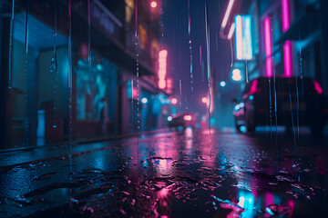 Lights and shadows streams of water flow down the glass, streets after rain with reflections on wet asphalt. Generative AI