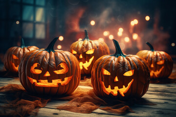 Misty woods hold carved pumpkins with glowing eyes. Jack-o'-lanterns illuminate the grass beneath the moon, weaving an eerie Halloween tale. AI Generative brings it to life.