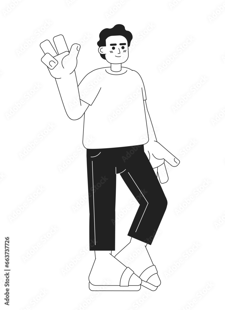 Wall mural joyful muslim man monochromatic flat vector character. peace sign. hand gesture. editable thin line 