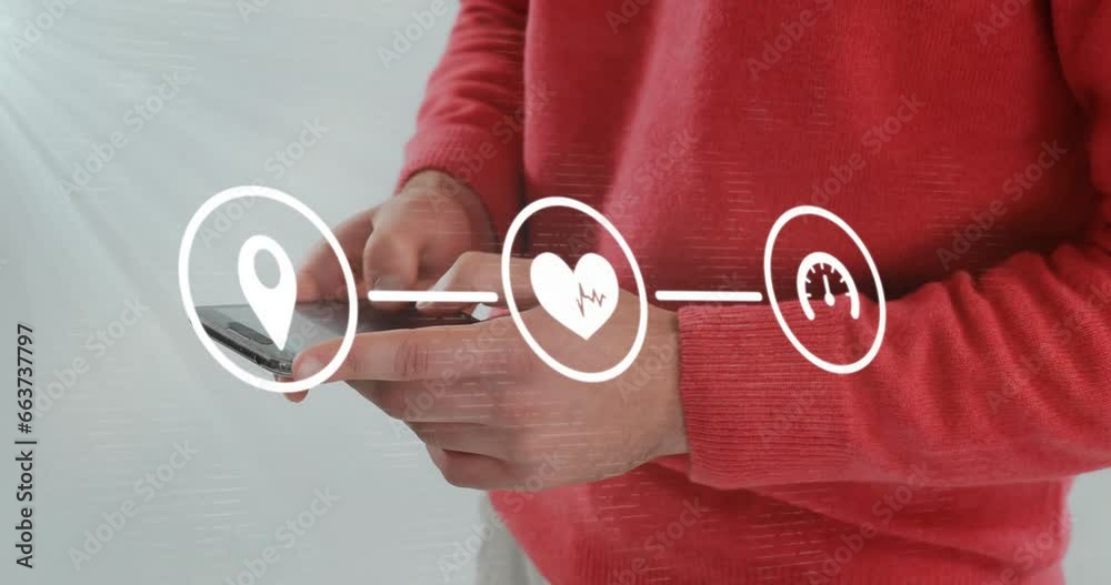 Poster animation of flowchart of icons over midsection of caucasian man chatting using smartphone
