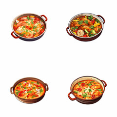 set of brazilian moqueca watercolor illustrations for printing on baby clothes, pattern, sticker, postcards, print, fabric, and books