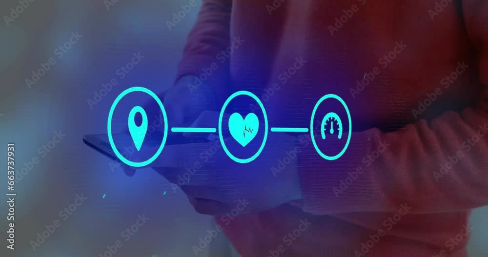 Poster animation of flowchart of icons over midsection of caucasian man chatting using smartphone
