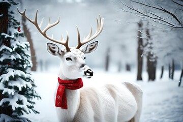 deer in winter with red scarf as a Christmas sign - Powered by Adobe