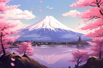 Anime-style pink and white Mount Fuji and Japan landscape. Generative AI