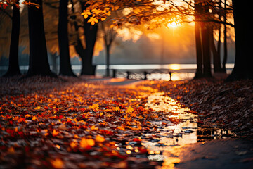 Fallen leaves from trees on the ground in puddles near the path with a blurred park and a river in the background and the sun breaking through the trees in autumn - Powered by Adobe
