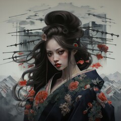 beautiful japanese woman creative illustration 