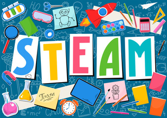 STEAM. Science, technology, engineering, mathematics, art. Science education collage with hand written word "STEAM"
