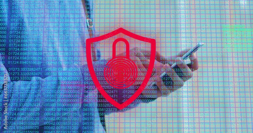 Poster animation of fingerprint padlock in shield and grid pattern over caucasian man using cellphone