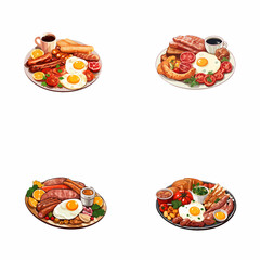 set of full english breakfast watercolor illustrations for printing on baby clothes, pattern, sticker, postcards, print, fabric, and books