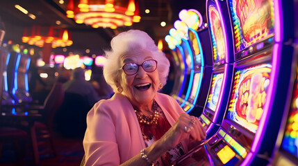 Elderly woman gambling and playing slot machine in casino. Excited grandma gets addicted to fruit machines. - obrazy, fototapety, plakaty