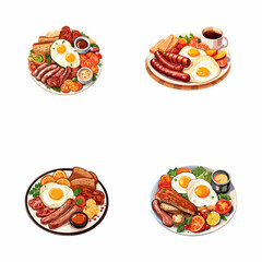 set of full english breakfast watercolor illustrations for printing on baby clothes, pattern, sticker, postcards, print, fabric, and books