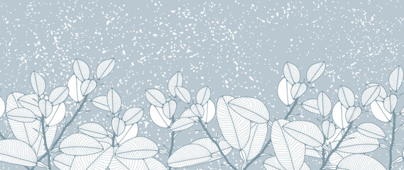 Winter light blue botanical background with branches and leaves and snow. Vector background for cards, wallpapers, covers and presentations. - obrazy, fototapety, plakaty