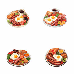 set of full english breakfast watercolor illustrations for printing on baby clothes, pattern, sticker, postcards, print, fabric, and books