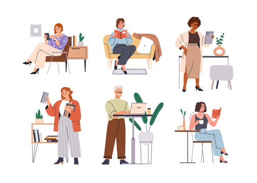 People characters with books, mobile phones, tablet pc, laptop computer. Men, women reading. Work, study and relax with devices and gadgets. Flat vector illustrations isolated on white background