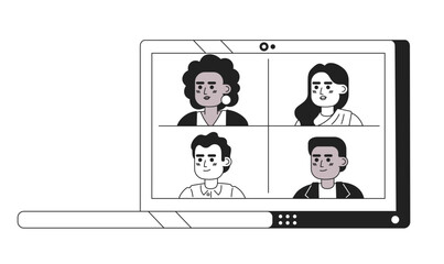 Laptop with group video call black and white 2D cartoon object. Online meeting with colleagues on notebook isolated vector outline item. Virtual meeting monochromatic flat spot illustration