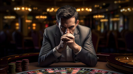 Man with folded hands depressed at losing in casino game - obrazy, fototapety, plakaty