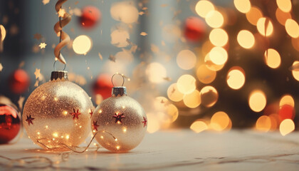 Fototapeta na wymiar cute Christmas decorations and bokeh lights