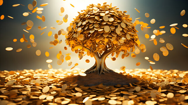 Gold coin tree with coins as leaves falling on the ground, idea for limitless income, wealth and prosperity, rich and successful business growth