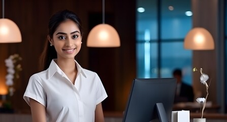 Young woman at the reception desk in the business center.