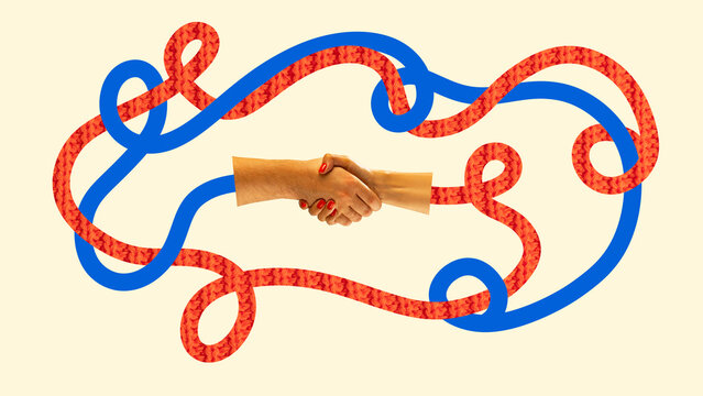 recommend clip art: Poster. Banner. Contemporary art collage. Creative modern artwork. Cropped two shaking hands with blue and red lines intertwines.