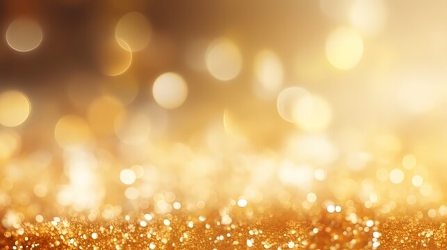 abstract background with gold particles. Christmas Golden light shine particles bokeh on a gold background. Gold foil texture. Holiday concept.