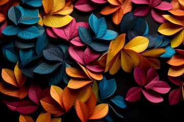 Colorful petals on black background with scattered leaves. Generative AI