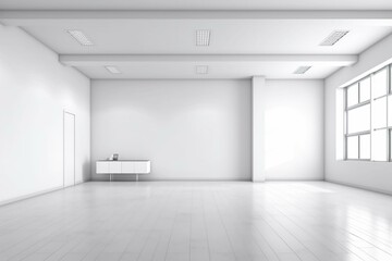 Vacant room with a blank white wall for your logo. Office space featuring a floor wall to display corporate items. 3D office rendering. Generative AI