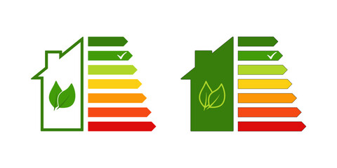 Energy efficiency rating icon. Energy saving class symbol. Electricity, eco friendly, low consumption eco house. Outline, flat and colored style icon for web design. Vector illustration. - obrazy, fototapety, plakaty