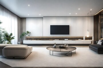 High end modern living room with white leather couch and a large flat screen tv mounted on the wall
