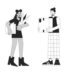 Excited moving in couple black and white cartoon flat illustration. Relocation two people holding boxes 2D lineart characters isolated. Beginning independent monochrome scene vector outline image