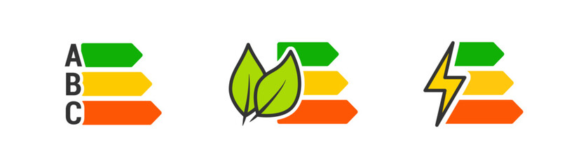 Energy efficiency rating icon. Energy eco saving class symbol. Electricity, eco friendly, low consumption machine. Outline, flat and colored style icon for web design. Vector illustration.